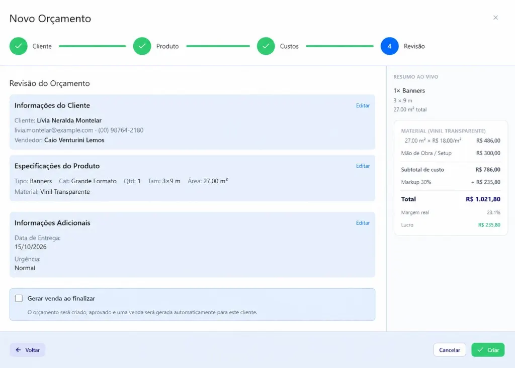 Novo Orçamento — Passo 4: Revisão do Orçamento